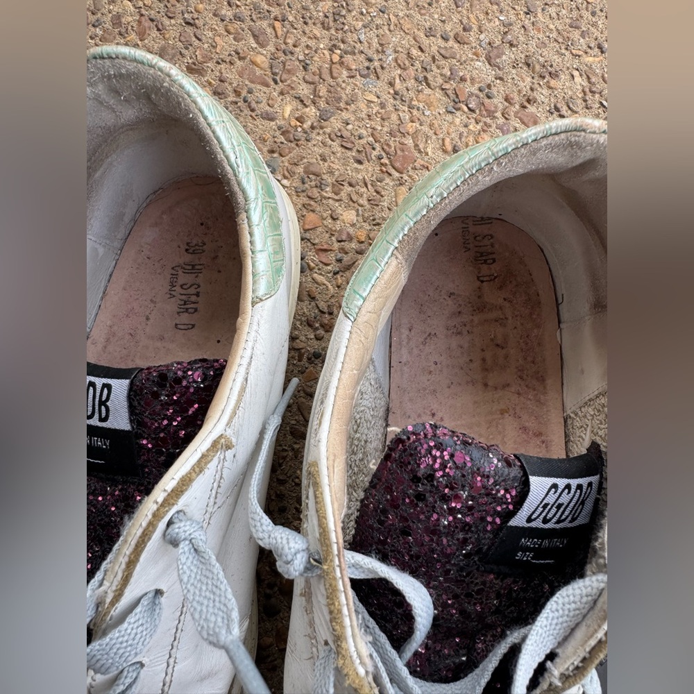 Golden Goose Hi Star White Leather Sneakers with Purple Glitter and Black Star - Picture 11 of 15